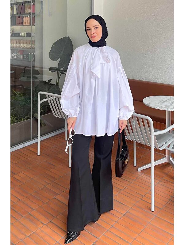 Lamelif Yaka Fular Detaylı Gömlek Beyaz