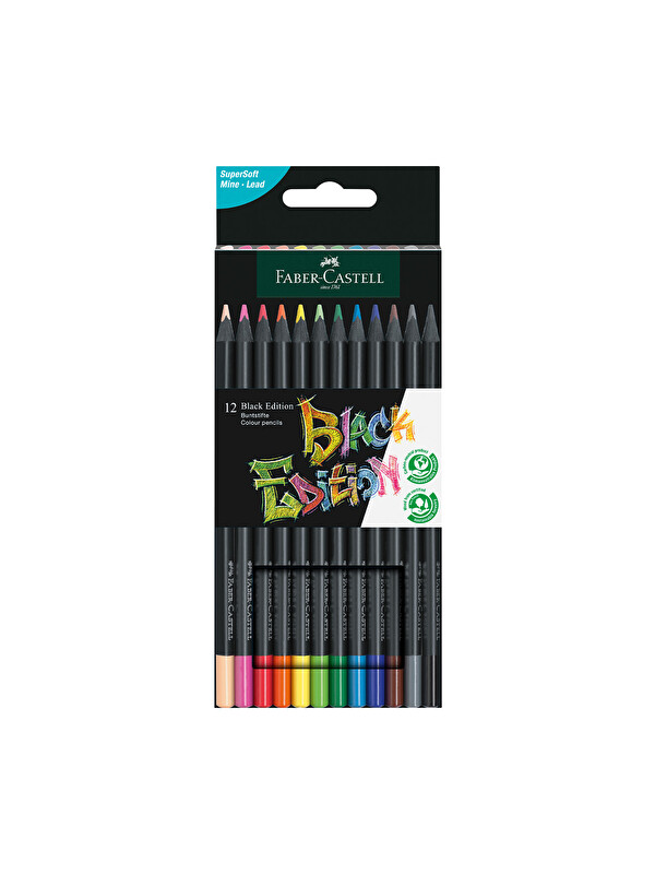 Faber-Castell Black Edition Boya Kalemi, 12 Renk,Siyah Kağıda Uyumlu, Ergonomik Üçgen Gövde