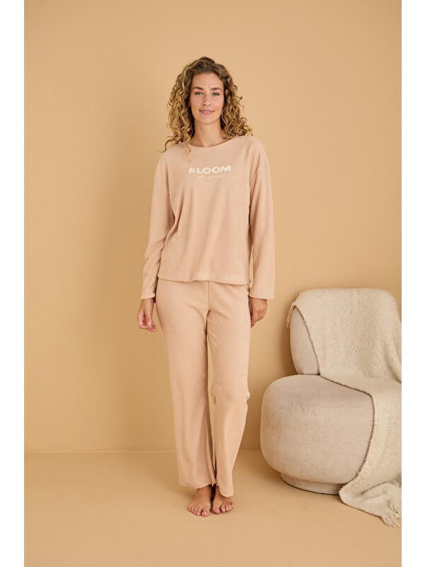 Siyah İnci somon Nakışlı Havlu Kumaş Örme Pijama Takım25226006