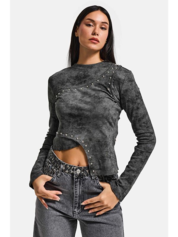 It's Basic Kadın Antrasit Gri w5 Asimetrik Kesim Drop Detaylı Özel Tasarım Crop Top