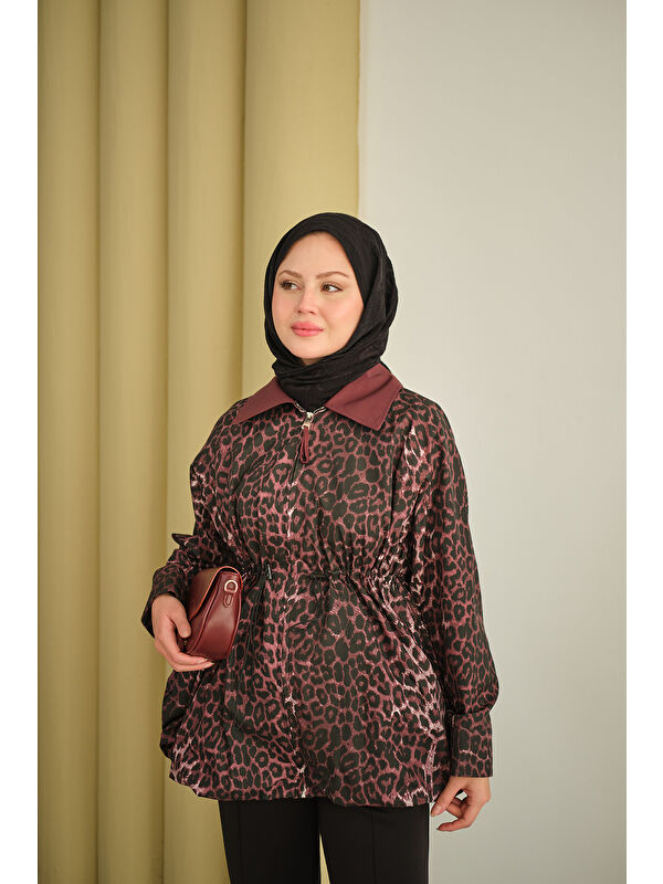 Locco Moda Kadın Leopar Desenli Fermualı Trenç Bordo