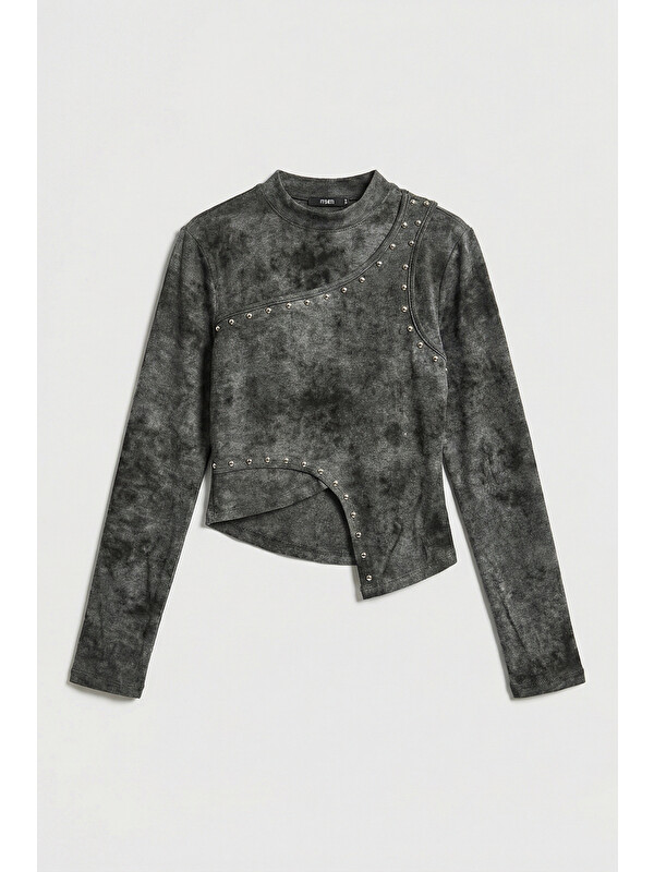 It's Basic Kadın Antrasit Gri w5 Asimetrik Kesim Drop Detaylı Özel Tasarım Crop Top