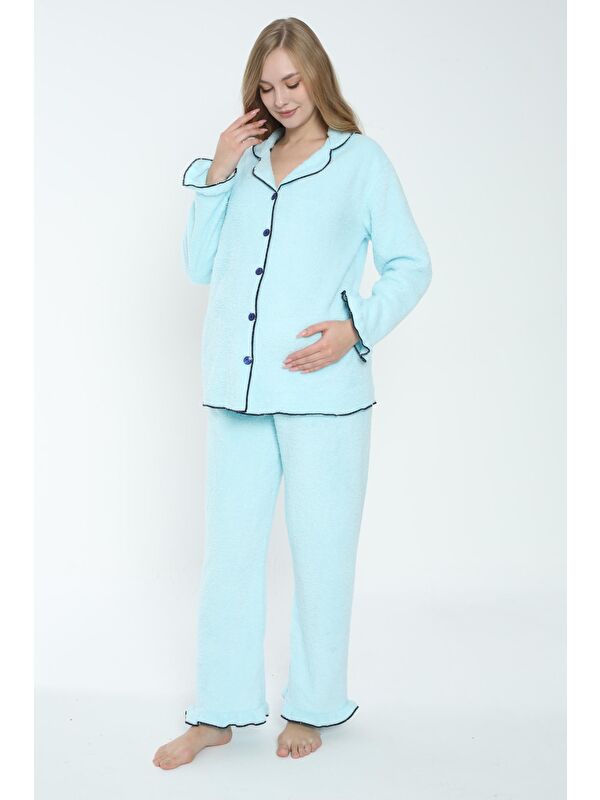 MİSS DÜNYA LİSSA Mavi Önden Düğmeli Hamile ve Lohusa Pelüş Pijama Takımı