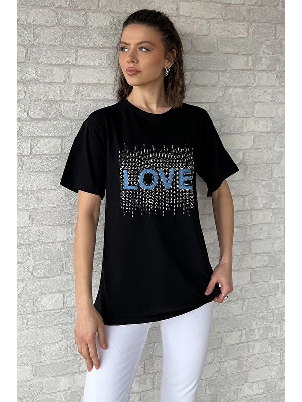 Gülseli Love Taşlı Bisiklet Yaka Kadın Tişört
