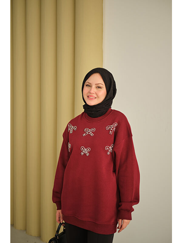 Locco Moda Kadın Kurdelesi Taş Detay Sweat Bordo