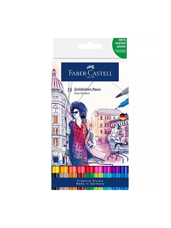 Faber-Castell Goldfaber Aqua Çift Uç Markör 18’li, Yüksek Pigmentli, Kalıcı ve Canlı Renkler, Fırça ve Fineliner