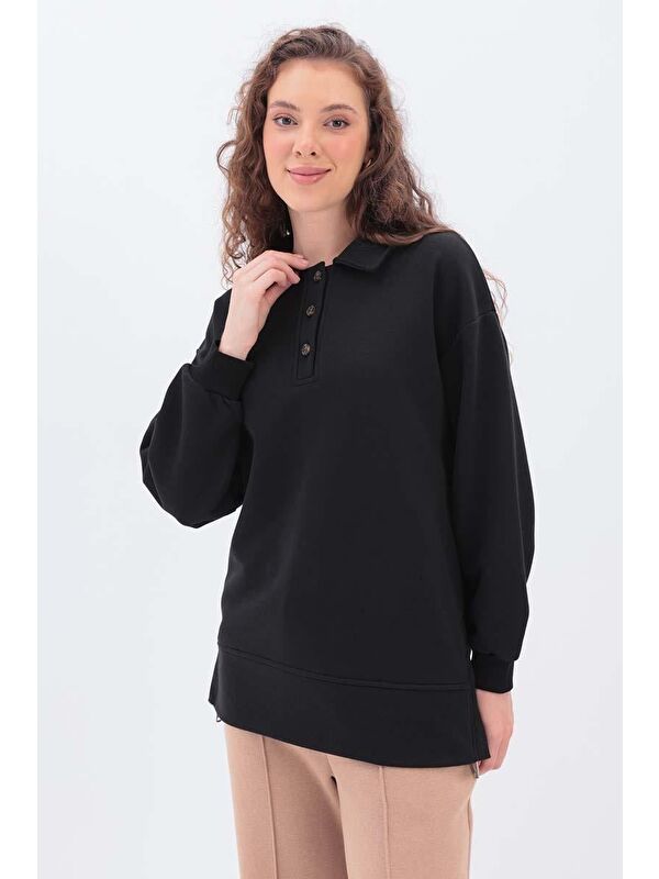 ALLDAY Siyah-Yanları Fermuarlı Yakalı Sweat Tunik