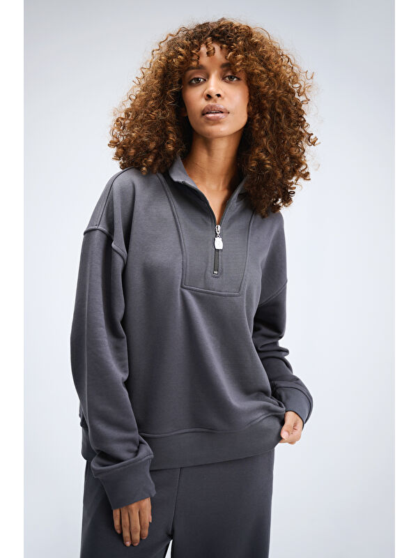 gothamVibes Kadın Timeless Fermuarlı Antrasit Sweatshirt