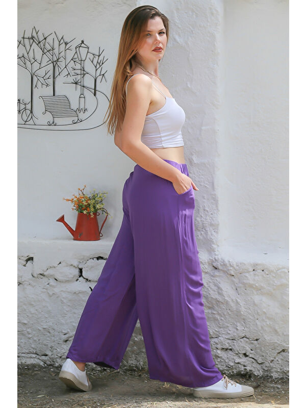 Chiccy Mor Cepli Pileli Dokuma Lastikli Bel Geniş Paça Casual Pantolon