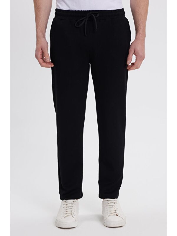 TUDORS Erkek Slim Fit Dar Kesim Beli Bağcıklı 3 Cepli Geniş Paça Siyah Eşofman Altı