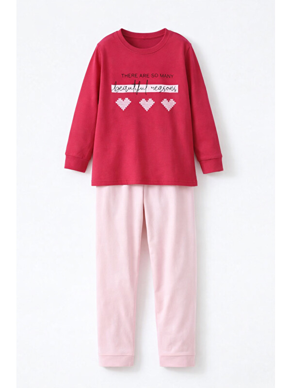 Remsa Genç Kız Çocuk Pamuklu Desenli Pijama Takımı 8412 Fuşya02