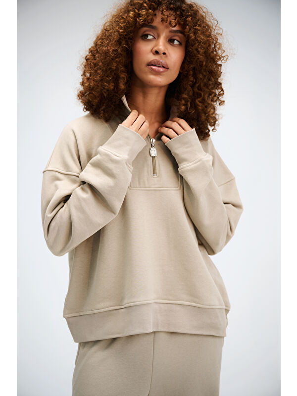 gothamVibes Kadın Timeless Fermuarlı Vizon Sweatshirt