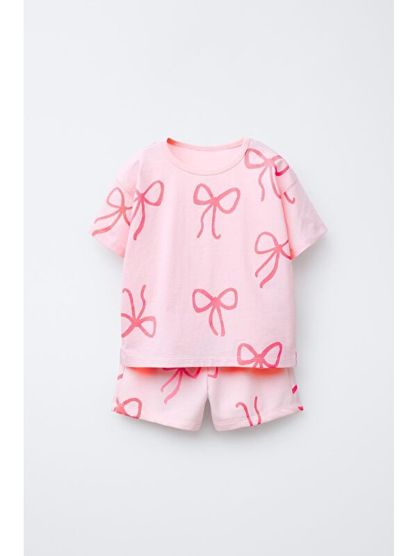 Magu Kız Çocuk Pamuklu Pembe Fiyonk Desenli T-Shirt Şort Takım