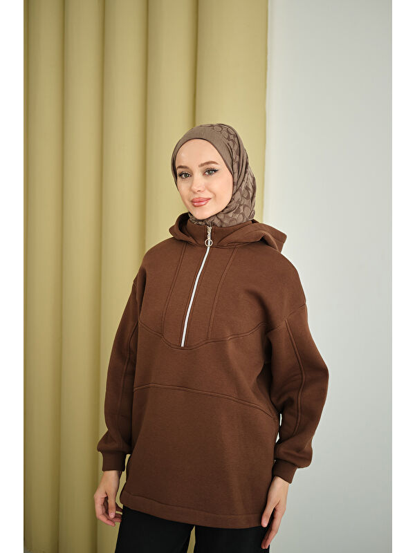 Locco Moda Kadın Yarım Fermuarlı Kapüşonlu Sweat Kahverengi