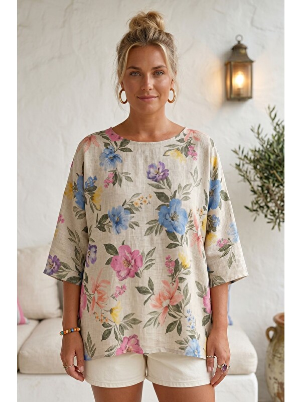 Chiccy İtalyan Bej Havuz Yaka Kısa Kol Çiçekli Baskılı Casual Keten Görünümlü Oversize Dokuma Bluz 75 70