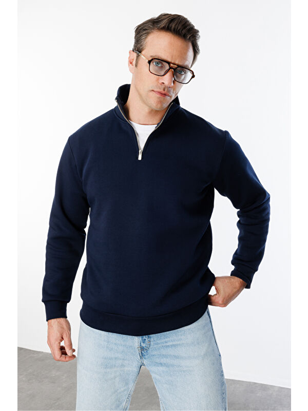 Genius Store Unisex Sweatshirt Rahat Kesim Pamuklu Içi Polarlı Yarım Fermuarlı Dik Yaka Sweatshirt