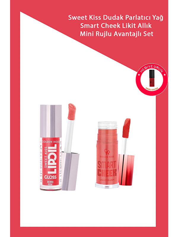 GOLDEN ROSE Sweet Kiss Dudak Parlatıcı Yağ No: 04 & Smart Cheek Likit Allık No: 104 + Mini Ruj Makyaj Seti