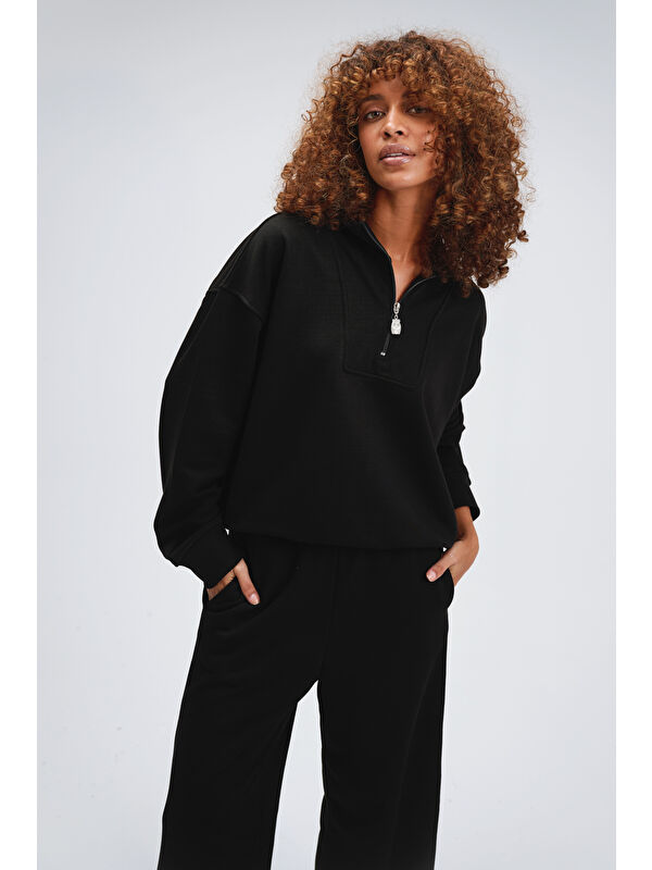 gothamVibes Kadın Timeless Fermuarlı Siyah Sweatshirt