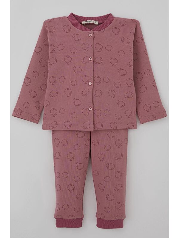 Breeze Kız Bebek Pijama Takımı Önden Düğmeli Elma Desenli Gülkurusu (4 Ay-1 Yaş)