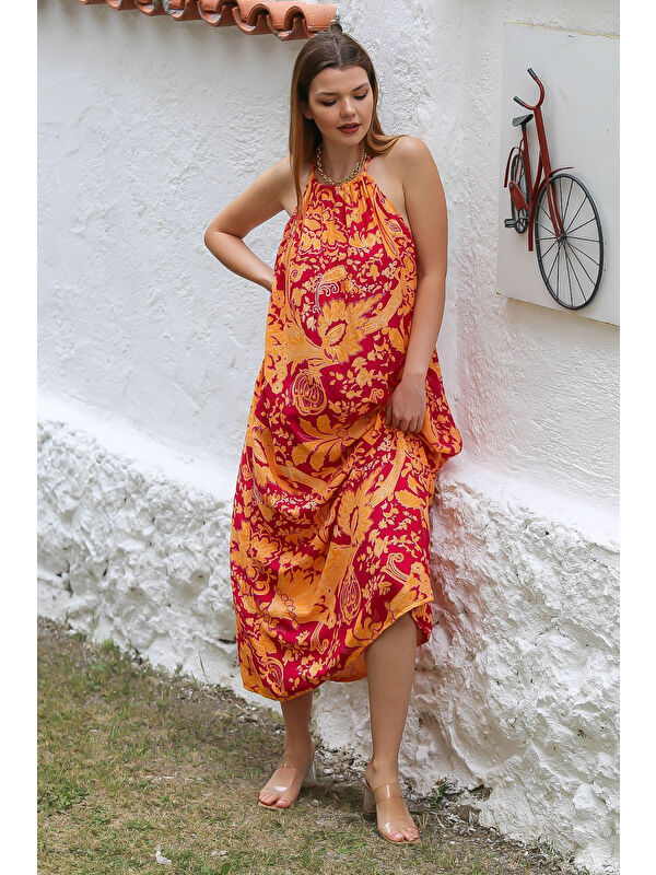Chiccy Mercan Kırmızısı Boyundan Bağlamalı Askılı Allover Baskılı Dokuma Long Fit Casual Elbise