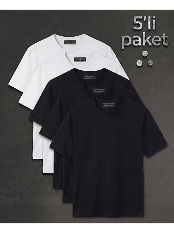 TONNY BLACK Erkek Çok Renkli 5'Li Paket %100 Pamuk 3 Siyah 2 Beyaz T-Shirt