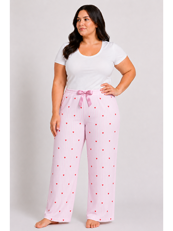 Formo Kadın Kalpli Büyük Beden Desenli Viskon Düz Paça Battal Pijama Altı