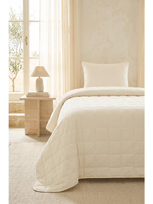 Ocean Home Textile %100 Pamuk Kumaş Kapitoneli Ekru Çok Amaçlı Tek Kişilik Yatak Örtüsü Seti 1 Adet 180 x 230 / 1 Adet