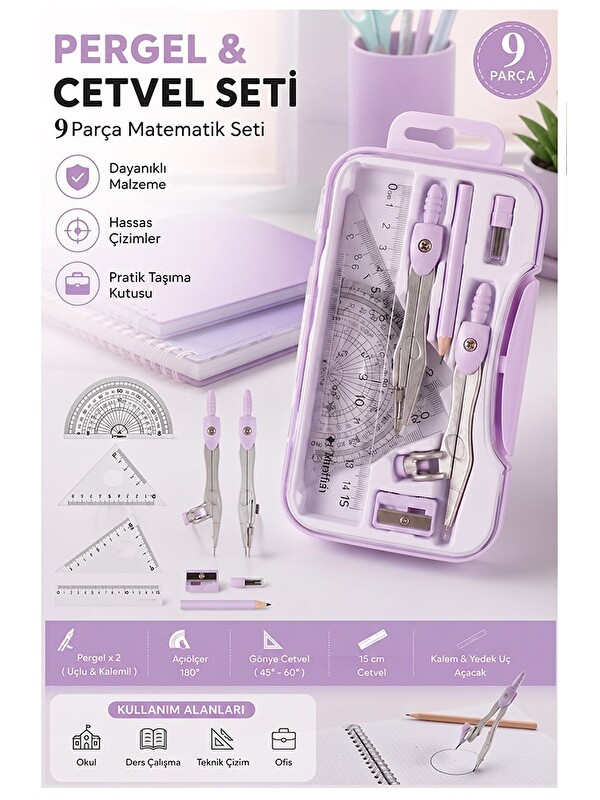 artmaster Lila Metal Pergel Seti 9 Parça 1 Paket 9121 Profesyonel Pergel Çizim Proje Matematik Mimar Mühendis