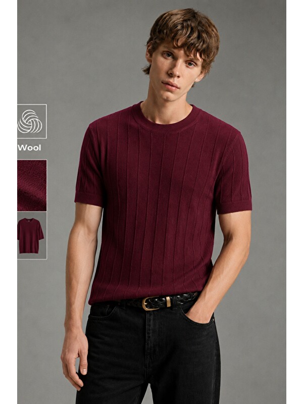 Tarz Cool Erkek Çizgili Triko Tişört Bisiklet Yaka Slim Fit Kısa Kollu