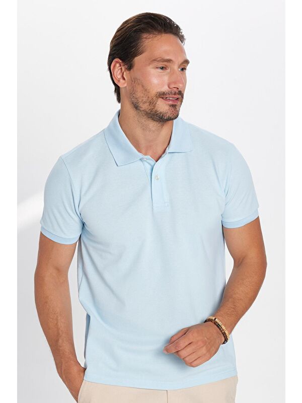 TUDORS Erkek Slim Fit Dar Kesim %100 Pamuk Açık Mavi Polo Yaka Tişört