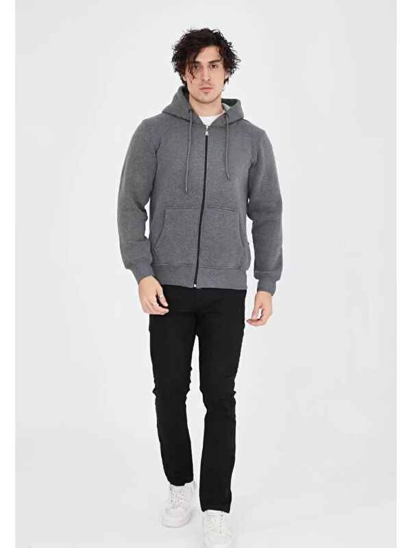 Jane's Unisex Tam Fermuarlı Kapüşonlu SweatShirt - Füme