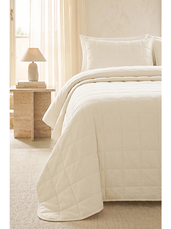 Ocean Home Textile %100 Pamuk Kumaş Kapitoneli Ekru Çok Amaçlı Çift Kişilik Yatak Örtüsü Seti 1 Adet 250 x 230 / 2 Adet