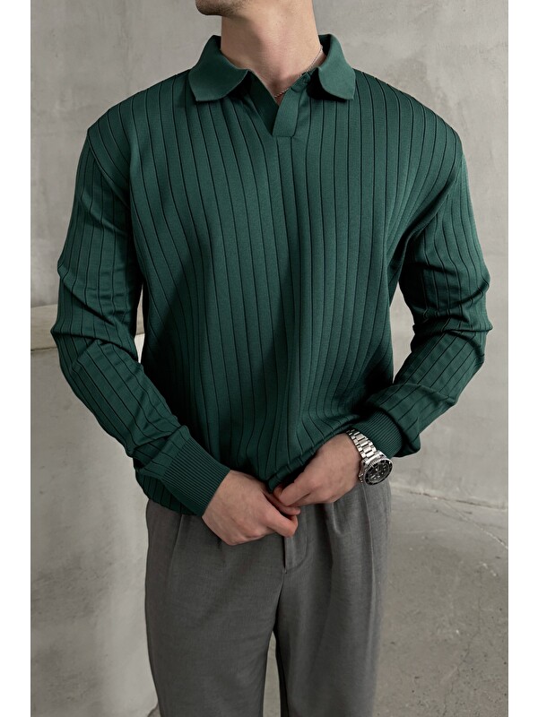 HYMAN Erkek Polo Yaka Fitilli Oversize Triko Kazak