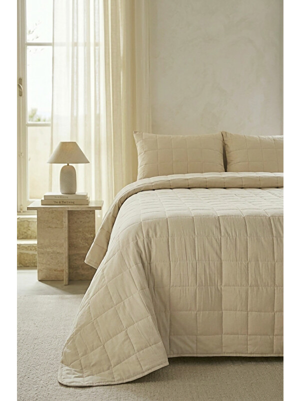 Ocean Home Textile %100 Pamuk Kumaş Kapitoneli Bej Çok Amaçlı Çift Kişilik Yatak Örtüsü Seti 1 Adet 250 x 230 / 2 Adet