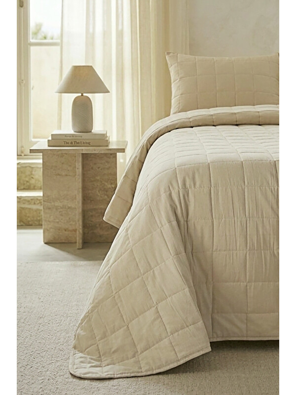 Ocean Home Textile %100 Pamuk Kumaş Kapitoneli Bej Çok Amaçlı Tek Kişilik Yatak Örtüsü Seti 1 Adet 180 x 230 / 1 Adet 5