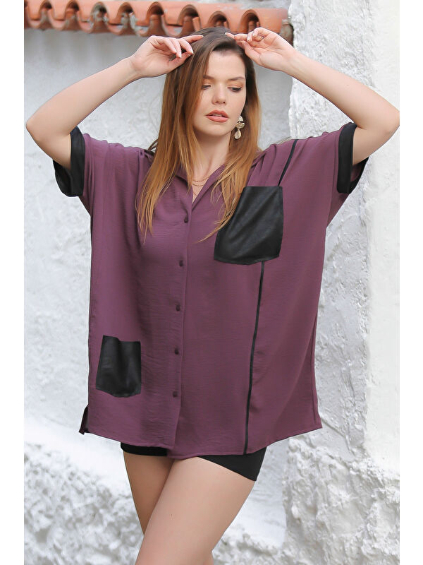 Chiccy Mürdüm Rengi Gömlek Yaka Kısa Kol Cepli Deri Garnili Dokuma Oversize Casual Gömlek