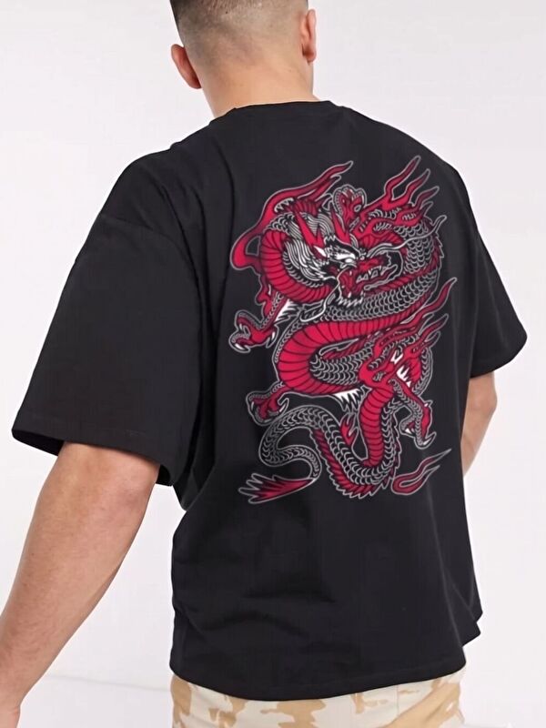 Trendseninle Siyah Chinesebox Baskı %100 Organik Pamuk Örme Oversize Tişört