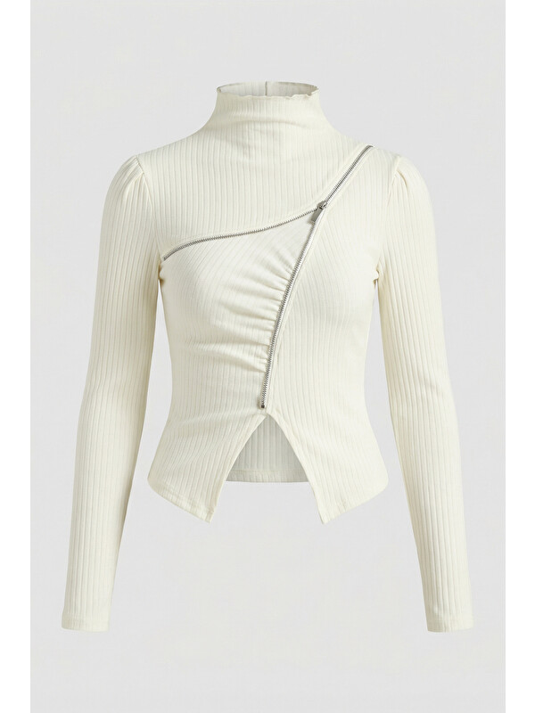 It's Basic Kadın Beyaz w5 Asimetrik Kesim Fermuar Detaylı Özel Tasarım Crop Top