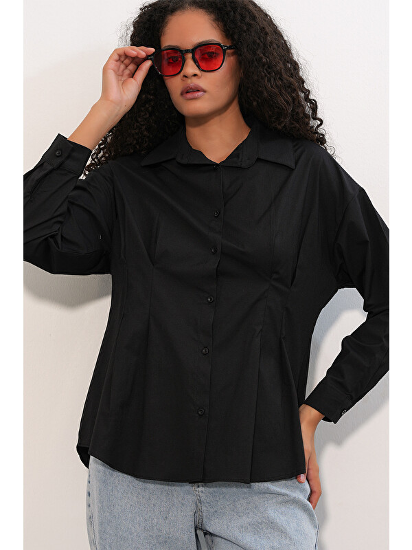 Bigdart Kadın Belden Oturtmalı Poplin Gömlek 20384 - Siyah