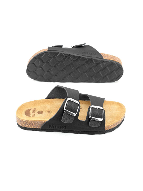 Yazlık Kadın İç Taban Hakiki Deri Çift Toka Ayarlanabilir Mantar Taban Günlük Terlik - Görsel 6