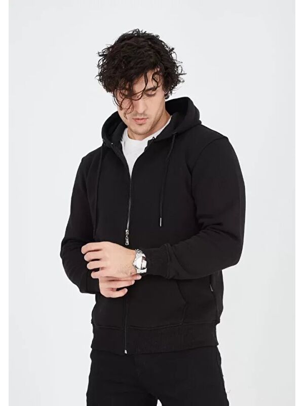 Jane's Unisex Tam Fermuarlı Kapüşonlu SweatShirt - Siyah