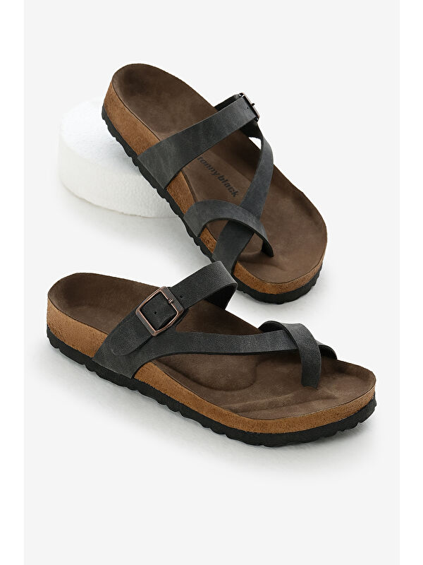 Tonny Black Siyah Tonny Black Rahat Kalip Kadın Poli Taban Çapraz Model Nubuk Parmak Arası Terlik