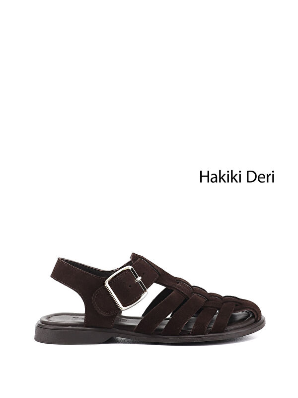 GÖNDERİ(R) Kadın AÇIK KAHVERENGİ Tokalı Bantlı Burnu Kapalı Hakiki Deri Sandalet