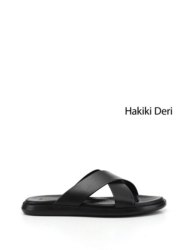 GÖNDERİ(R) Erkek SİYAH Çapraz Bantlı Hakiki Deri Terlik
