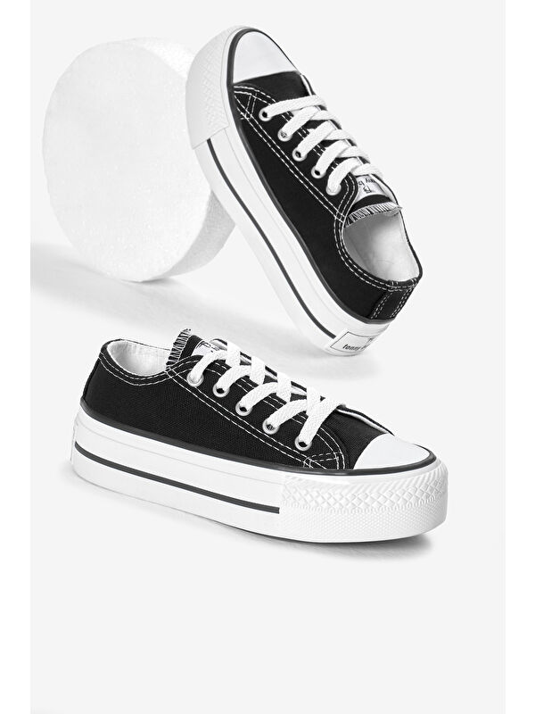 TONNY BLACK Çocuk Unisex Siyah Termo Kalın Taban Bağcıklı Keten Spor Ayakkabı