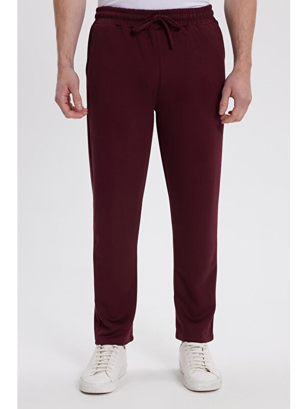 TUDORS Erkek Slim Fit Dar Kesim Beli Bağcıklı 3 Cepli Geniş Paça Bordo Eşofman Altı