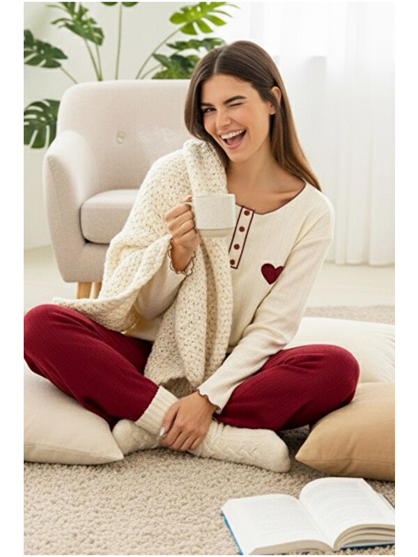 Siyah İnci bordo kalp nakışlı Örme İnterlok Pijama Takım25226009
