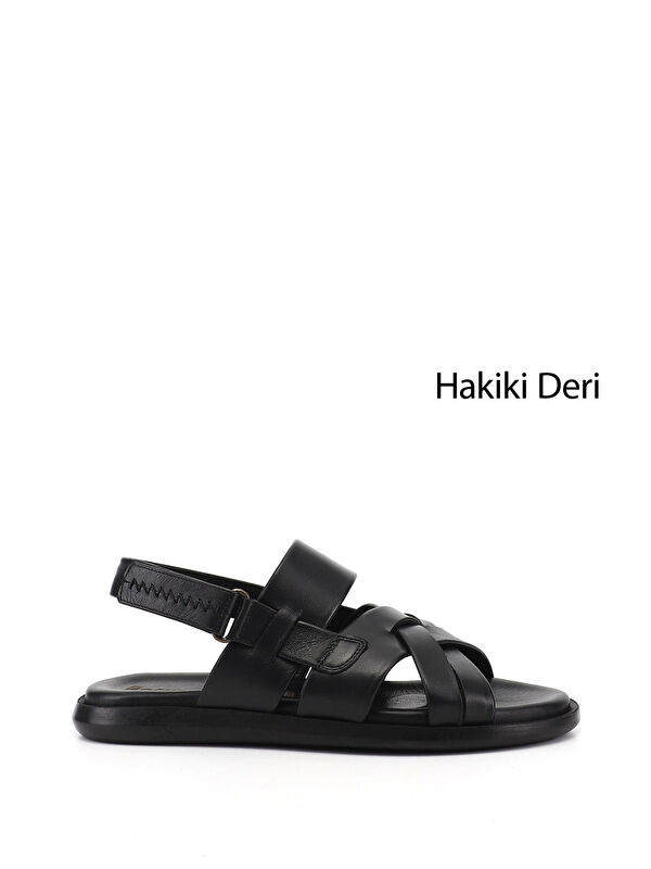 GÖNDERİ(R) Erkek SİYAH Ayarlanabilir Cırt Bantlı Hakiki Deri Sandalet