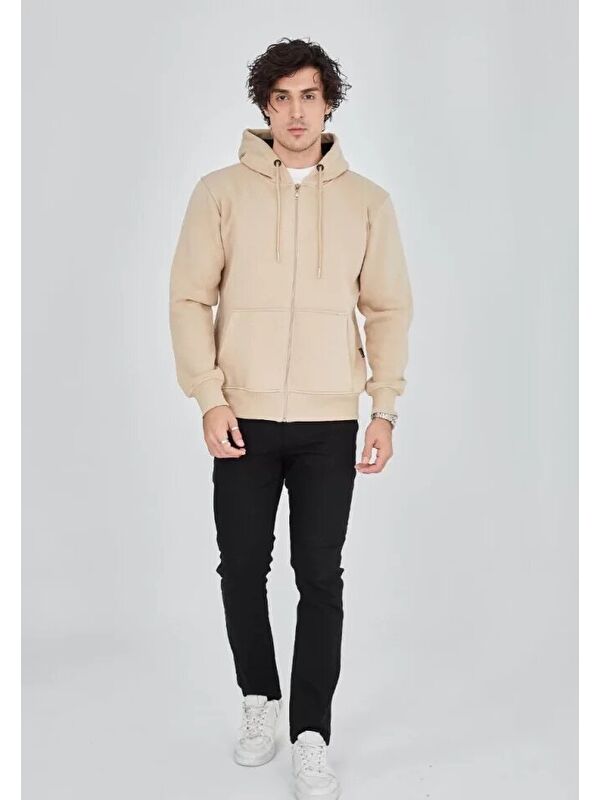 Jane's Unisex Tam Fermuarlı Kapüşonlu SweatShirt - Bej