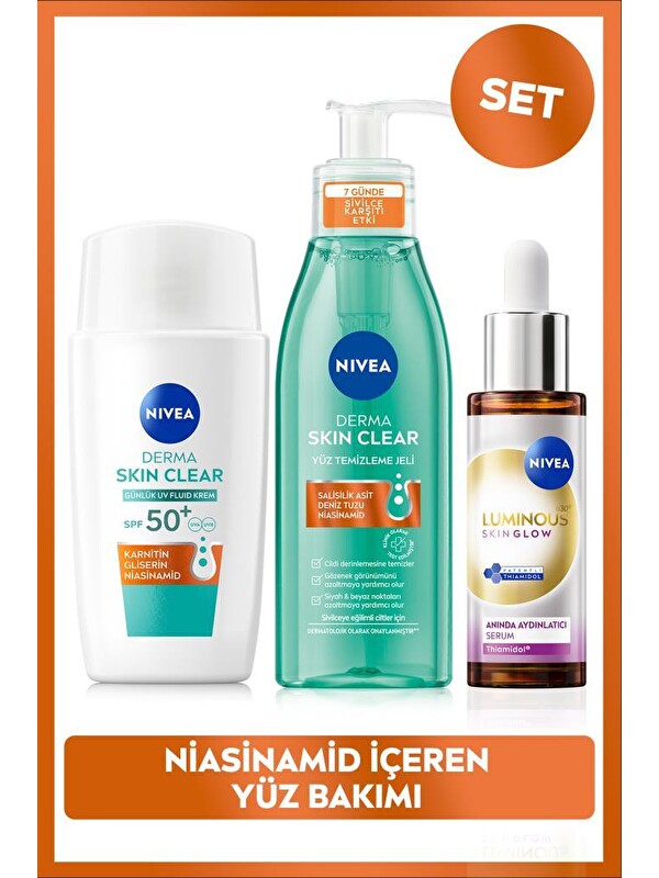 NIVEA Luminous630 Skin Glow Aydınlatıcı Serum 30ml, Güneş Koruyucu Krem ve Yüz Temizleme Jeli, Niasinamid